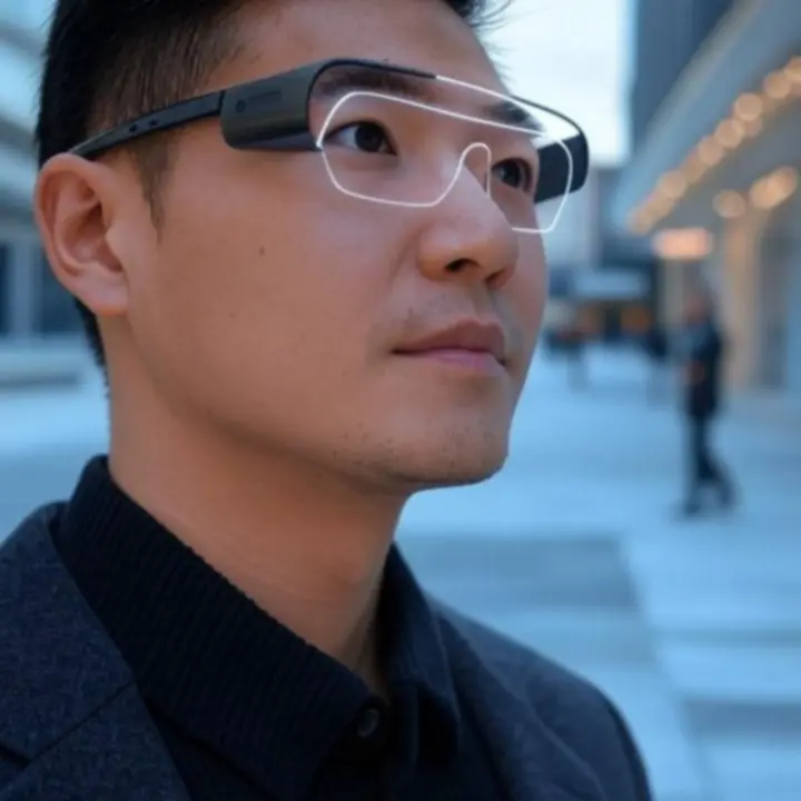 Osoba korzystająca z okularów AR z cyfrowymi nakładkami informacji