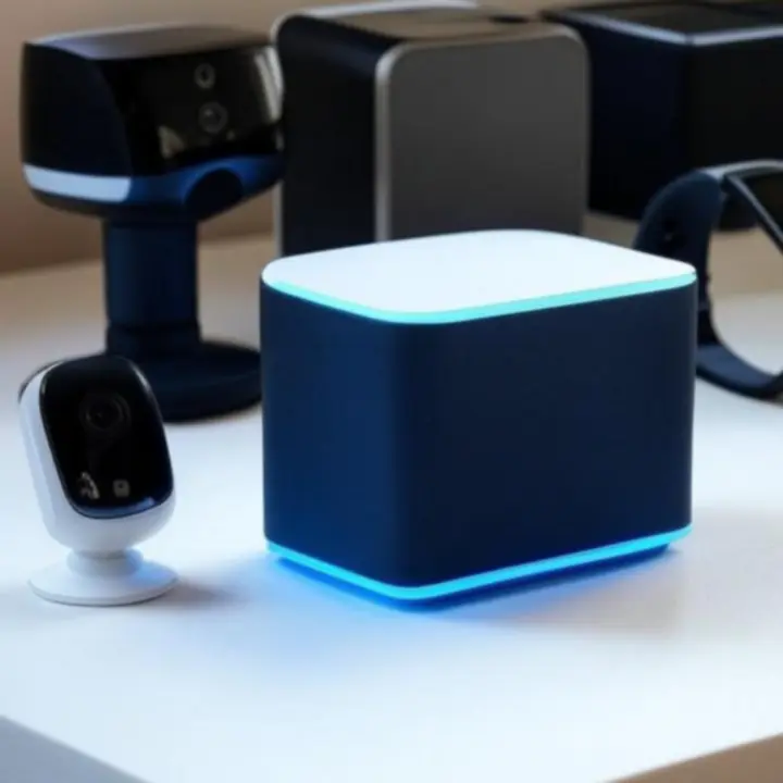 Zestaw inteligentnych urządzeń smart home i wearables w minimalistycznej aranżacji