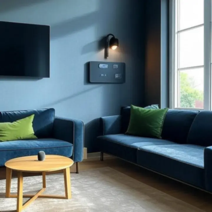 Salon z oświetleniem smart i panelem sterowania smart home