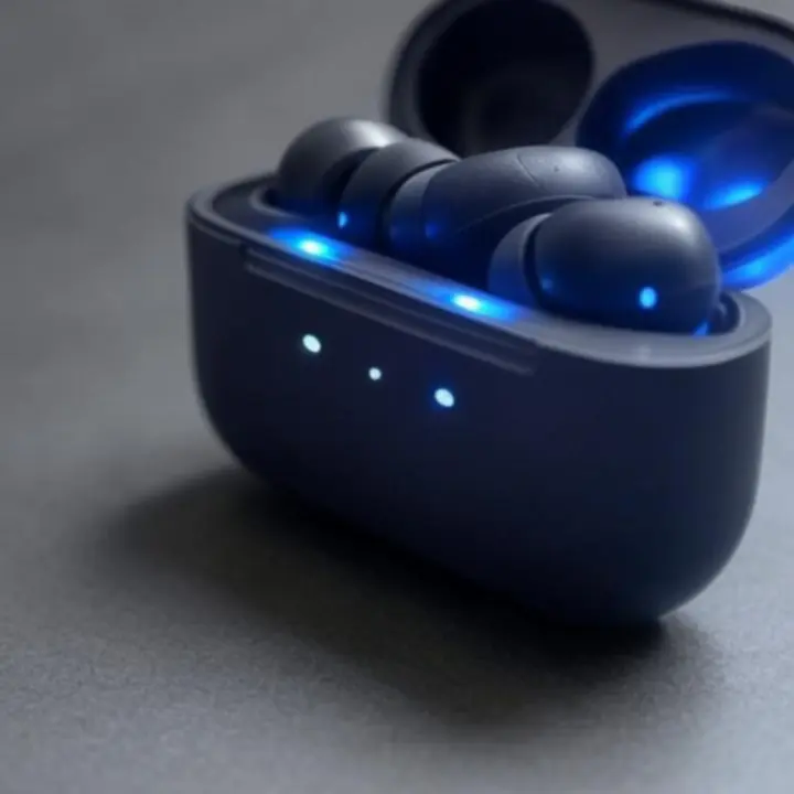 Minimalistyczne słuchawki bezprzewodowe w etui na ciemnym tle